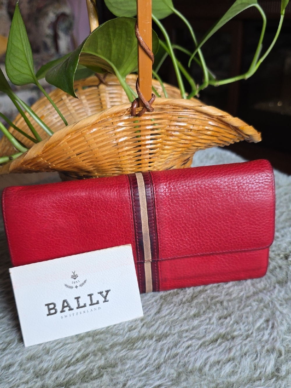Bally Red Leather Continental Wallet with Contrast Stripe